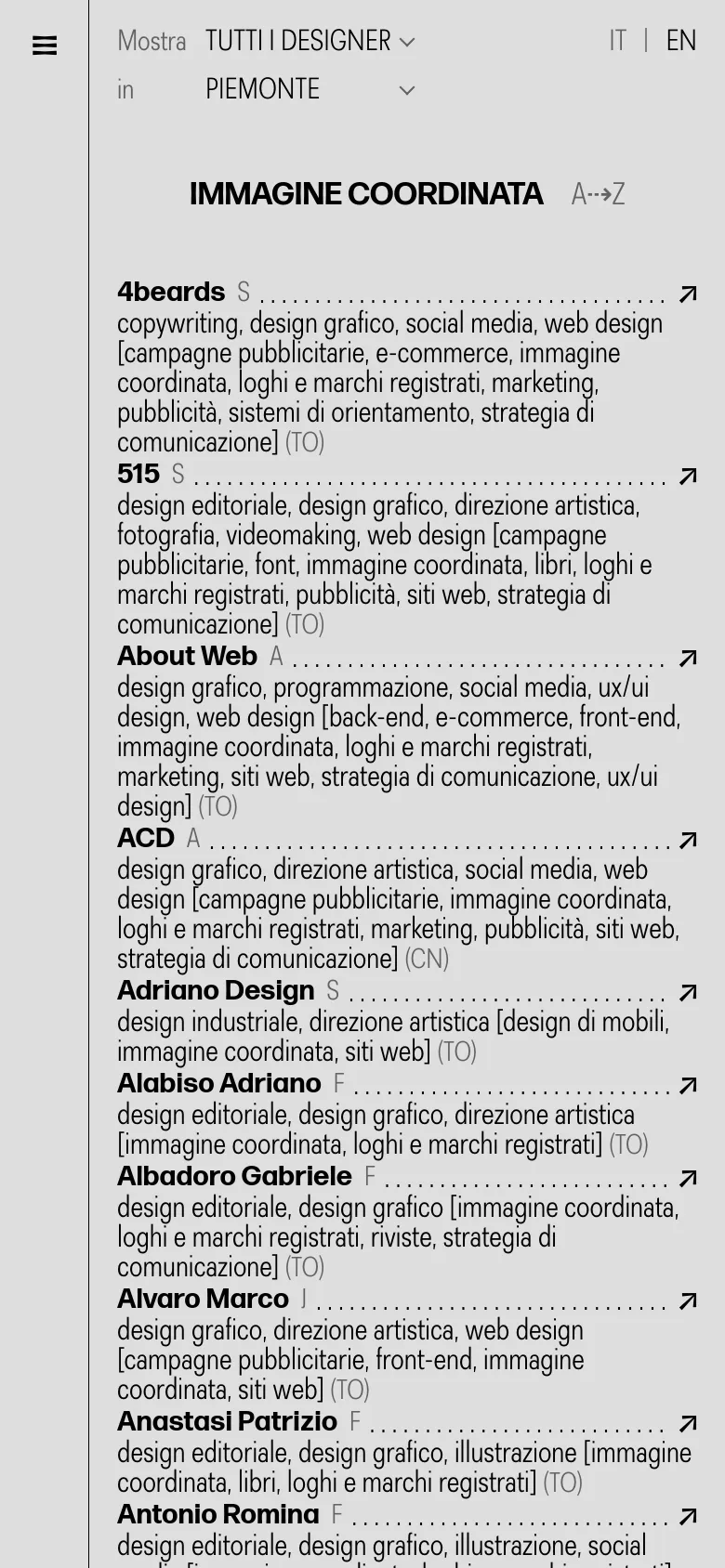 The mobile version simplifies the directory into a single-column vertical list for easier scrolling. The header features a hamburger menu, language selection, and dropdown filters for 'Tutti i designer' and 'Piemonte'. The content remains text-heavy, focusing on the names and service descriptions of each professional.