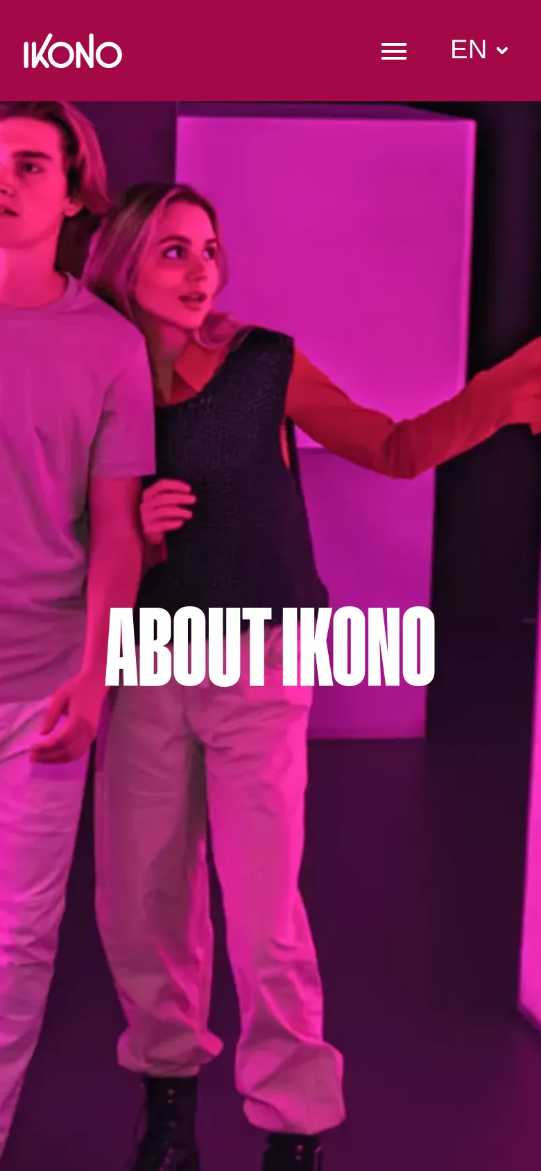 The mobile version displays a condensed version of the hero section with the 'ABOUT IKONO' headline overlaid on the pink-lit imagery. The top navigation bar is simplified, replacing the full menu with a hamburger icon and a language selector, while the hero image scales to fit the vertical screen.