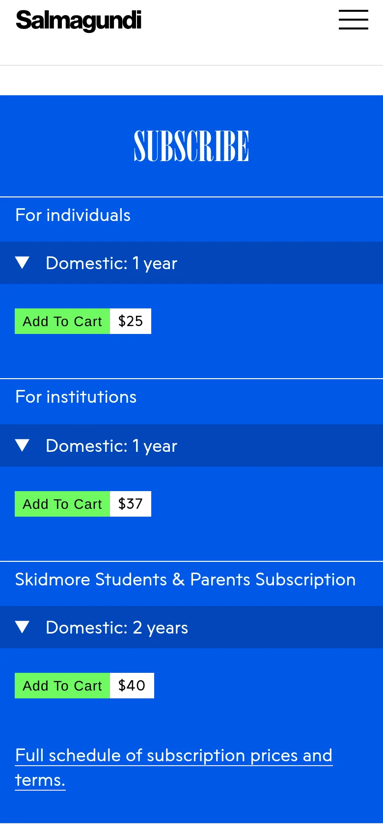 The mobile version presents a vertically stacked layout with a bright blue background dominating the screen. The 'SUBSCRIBE' heading is prominent at the top, followed by subscription categories like 'For individuals' and 'For institutions' arranged in a single column. Each category includes a dropdown selector and a green 'Add To Cart' button with the price displayed next to it.