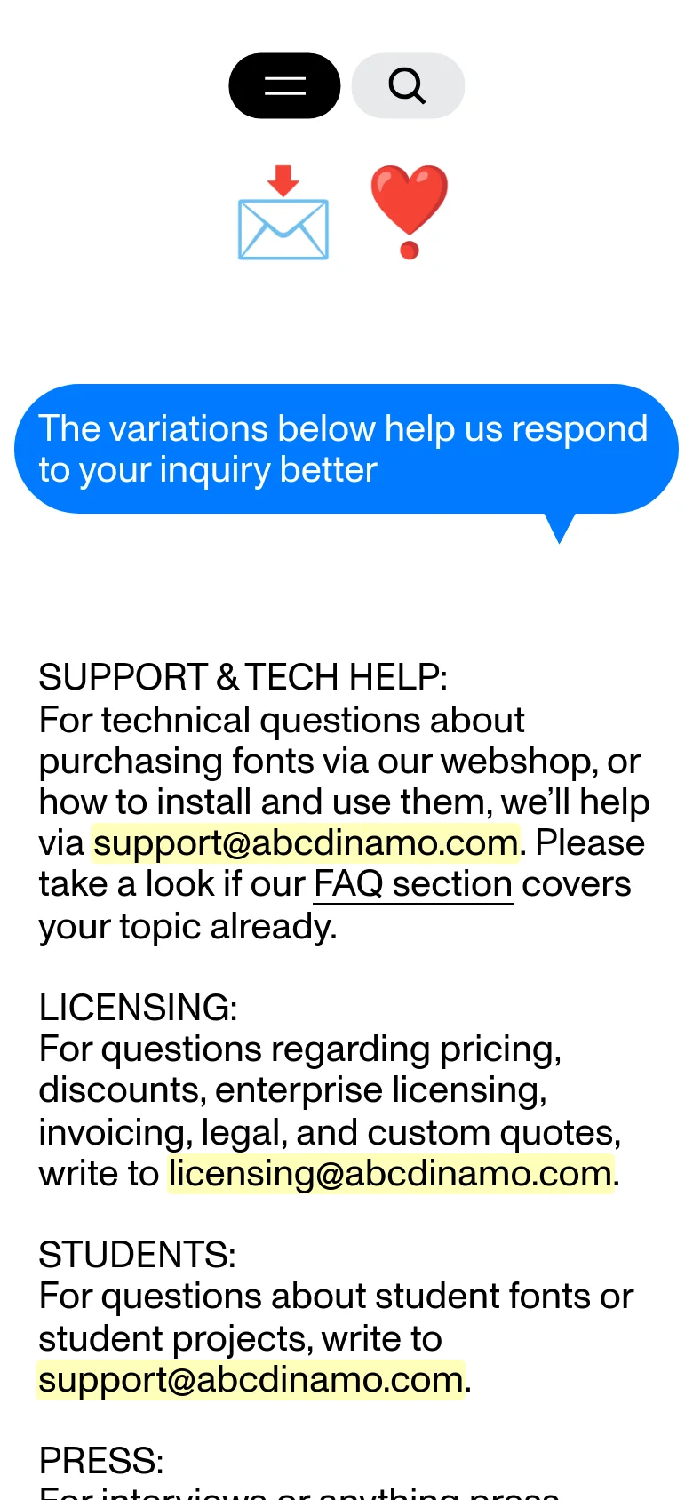 Dinamo Typefaces contact page on mobile with a stacked vertical layout. The blue inquiry callout bubble spans the width of the screen, followed by single-column contact categories including Support, Licensing, and Students, utilizing high-contrast black text on white.