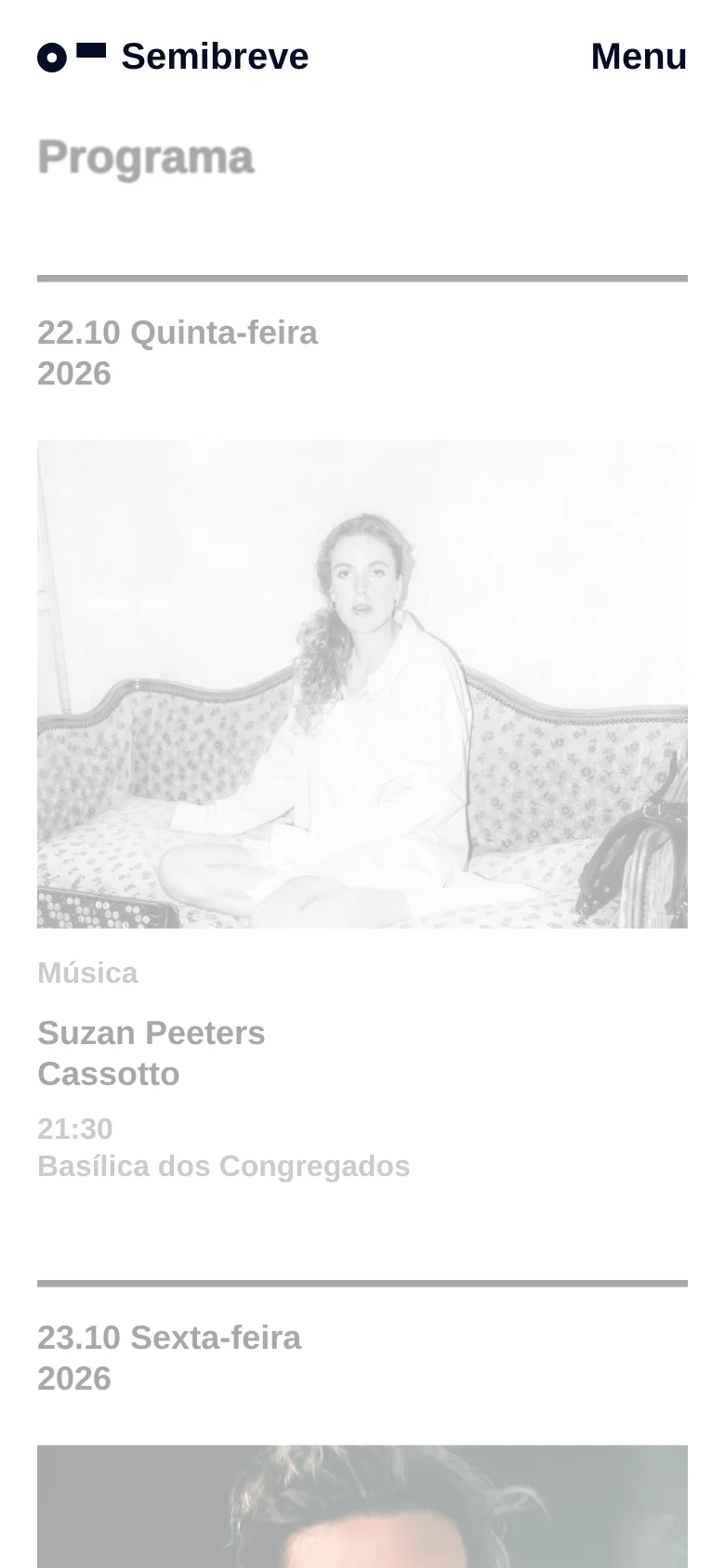 The mobile version presents a single-column vertical layout optimized for scrolling. The header is condensed into a logo and a 'Menu' button, and the event entries are stacked vertically with the artist's image appearing above the event details.