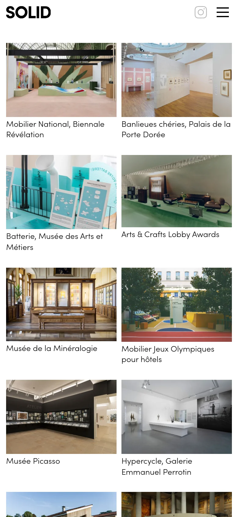 The mobile version presents a simplified vertical layout with a hamburger menu and Instagram icon in the header. The project gallery shifts to a single-column or two-column stack of images with titles, optimizing the large photography for a smaller screen.