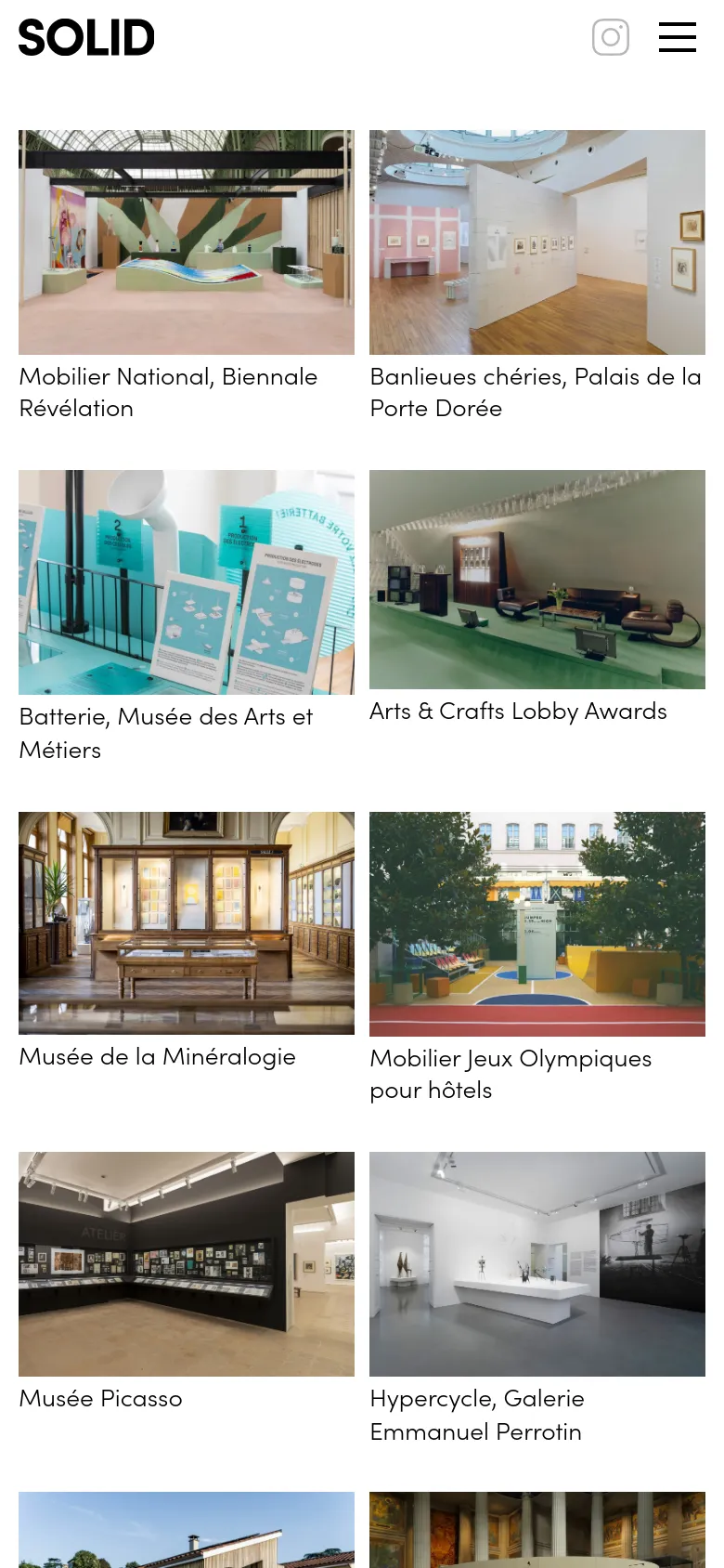 The mobile version presents a simplified vertical layout with a hamburger menu and Instagram icon in the header. The project gallery shifts to a single-column or two-column stack of images with titles, optimizing the large photography for a smaller screen.