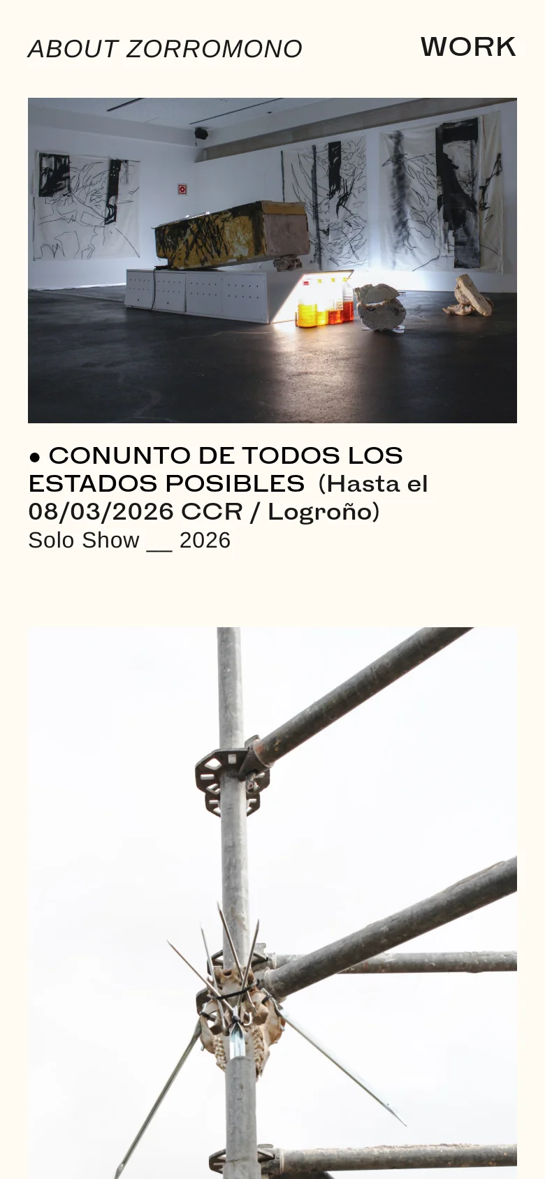 The mobile version maintains the minimalist white aesthetic but stacks elements vertically. The header links are positioned at the top, followed by the large installation image and the project title and description directly underneath.