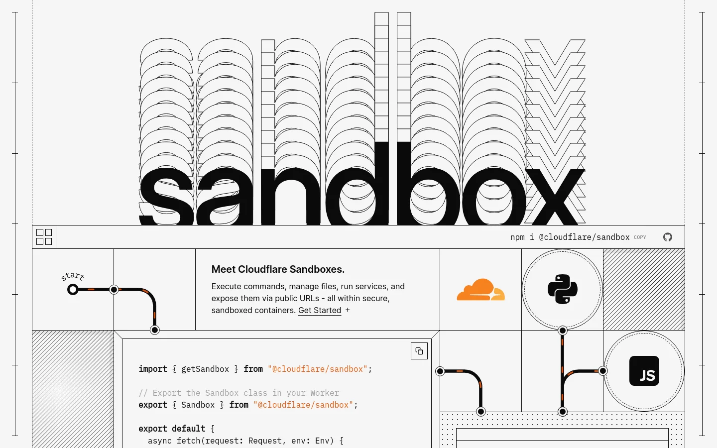 The desktop homepage features a large, stylized black 'sandbox' wordmark over a background of abstract geometric line art. Below, a clean white section contains the headline 'Meet Cloudflare Sandboxes,' a brief description, a 'Get Started' link, and a code snippet window on the left, with decorative technical icons on the right.
