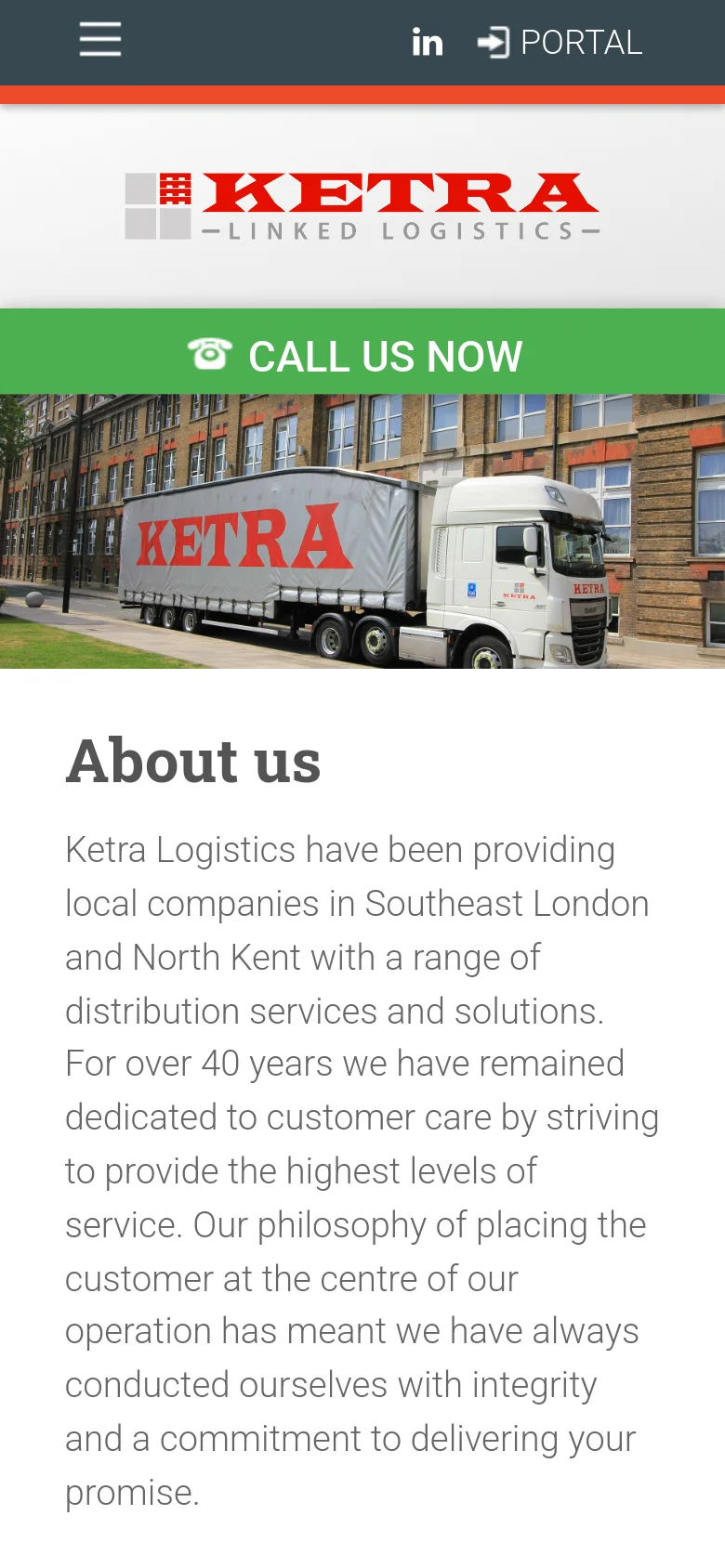 The mobile version features a condensed header with a hamburger menu icon, social links, and a 'PORTAL' button. A prominent green 'CALL US NOW' banner sits above the hero image of the Ketra truck. The main content area displays the 'About us' heading and text in a single-column vertical stack for easier scrolling.