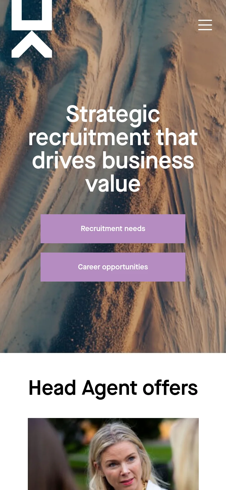 The mobile version presents a vertically stacked layout with the hero image of sand dunes at the top. The headline and two purple buttons, 'Recruitment needs' and 'Career opportunities', are centered and scaled for a smaller screen. The horizontal desktop navigation is replaced by a hamburger menu icon in the top right corner.