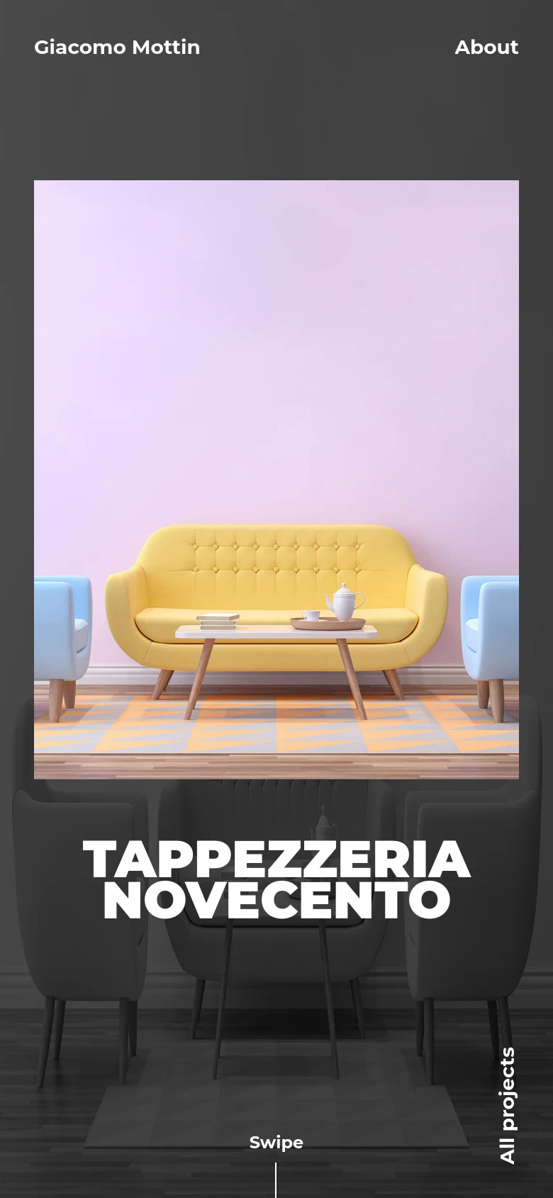 The mobile version presents a vertically stacked layout with the living room hero image occupying the top half of the screen. The bold white title 'TAPPEZZERIA NOVECENTO' is positioned below the image, and the navigation is simplified with 'Giacomo Mottin' and 'About' at the top, while 'Swipe' replaces the scroll indicator at the bottom.