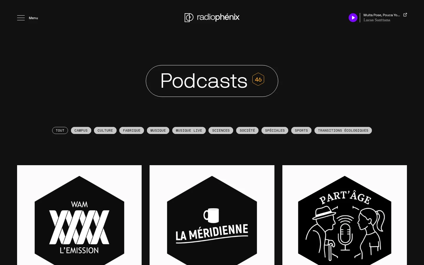 The desktop Podcasts page features a dark theme with a large 'Podcasts 46' headline centered in a pill-shaped border. Below the headline, a horizontal row of light gray pill-shaped buttons serves as category filters, such as Campus, Culture, and Music. The main content area displays a grid of large, hexagonal podcast covers with white text and graphics on black backgrounds.