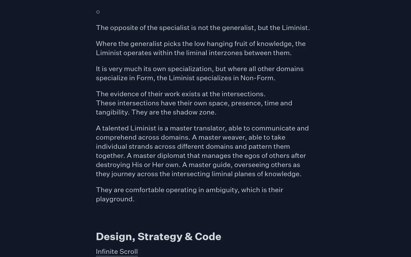A minimalist desktop website with a dark navy background and white sans-serif text. The page features a philosophical essay titled 'The Liminist' followed by categorized lists of links under 'Design, Strategy & Code' and 'Research'.