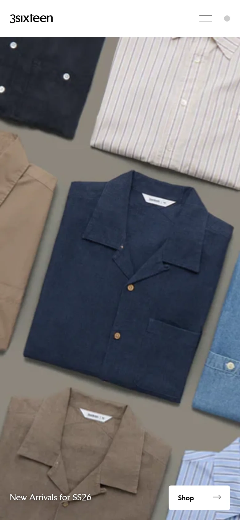 The mobile version presents a vertically oriented view of the hero imagery, focusing on the close-up textures of the shirts. The navigation and brand name are condensed, and the 'Shop' button is placed at the bottom of the screen for easier thumb access.