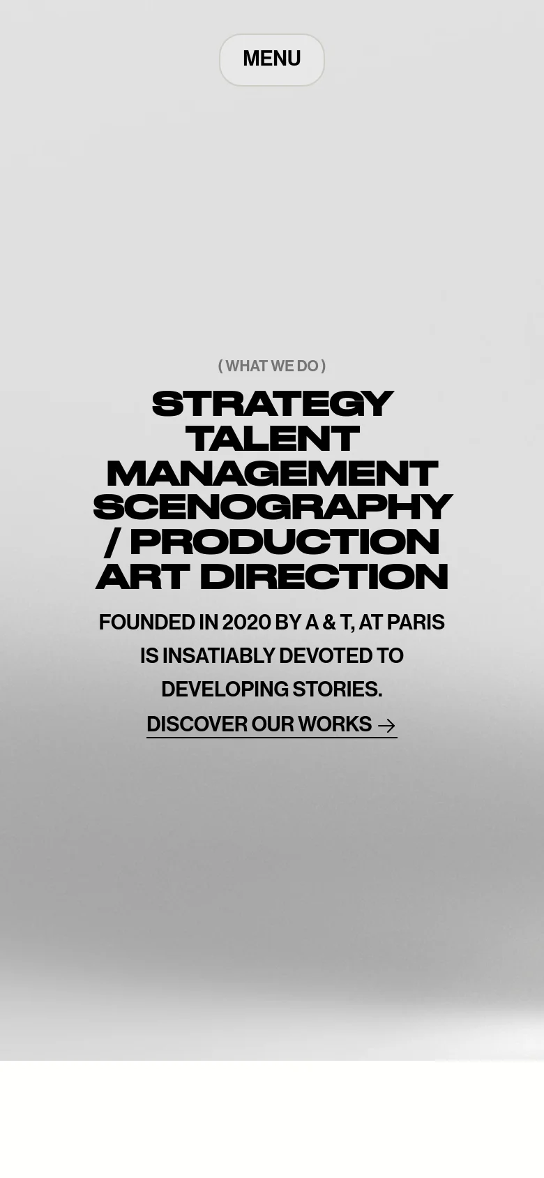 The mobile version presents a simplified, vertically stacked layout focused on large, bold typography. The service list and mission statement dominate the screen, centered against a light grey background, with the 'discover our works' link serving as the primary call to action.