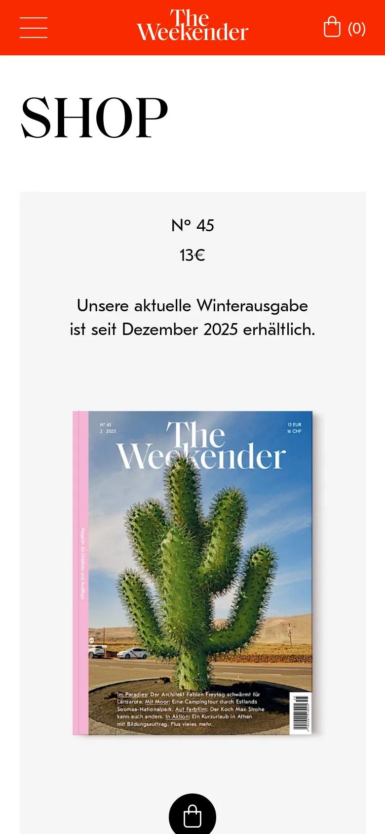 The mobile version uses a red header with a hamburger menu and a shopping bag icon. The content is stacked vertically, starting with a large 'SHOP' title, followed by the featured issue Nº 45 with its cover image, price, and description centered on a light gray background.