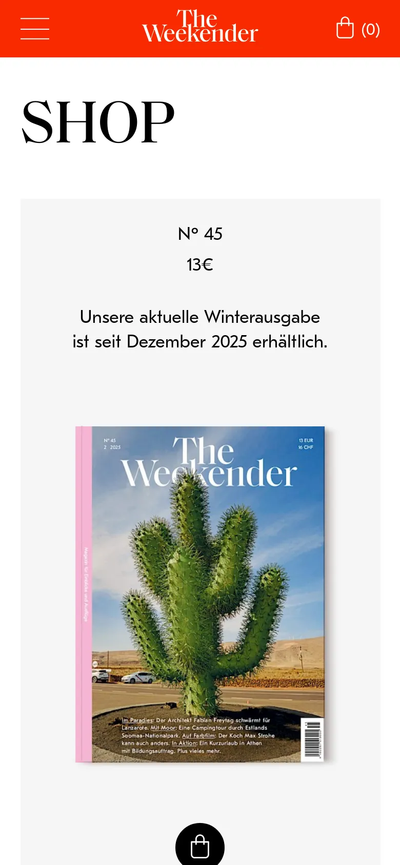 The mobile version uses a red header with a hamburger menu and a shopping bag icon. The content is stacked vertically, starting with a large 'SHOP' title, followed by the featured issue Nº 45 with its cover image, price, and description centered on a light gray background.
