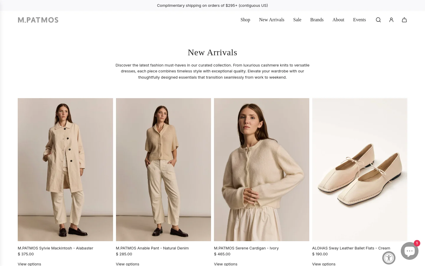 The desktop page for M.PATMOS New Arrivals features a minimalist white background with a centered headline and introductory text. Below, a grid displays high-quality product photography of models in neutral-toned clothing and close-ups of ballet flats, with product names and prices listed underneath. The navigation menu at the top includes links for Shop, New Arrivals, Sale, Brands, About, and Events, alongside search and shopping bag icons.