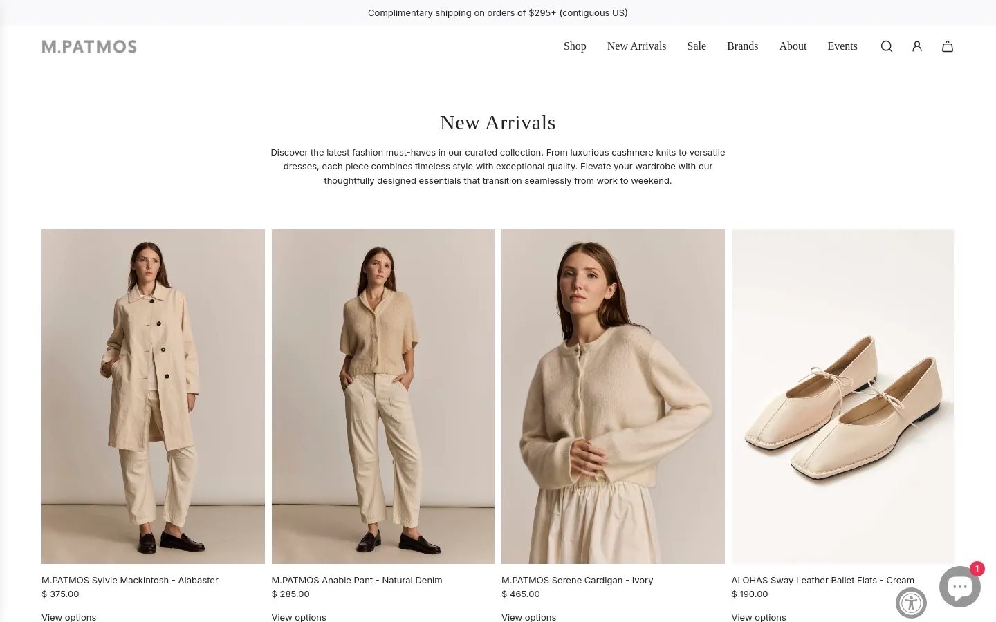 The desktop page for M.PATMOS New Arrivals features a minimalist white background with a centered headline and introductory text. Below, a grid displays high-quality product photography of models in neutral-toned clothing and close-ups of ballet flats, with product names and prices listed underneath. The navigation menu at the top includes links for Shop, New Arrivals, Sale, Brands, About, and Events, alongside search and shopping bag icons.