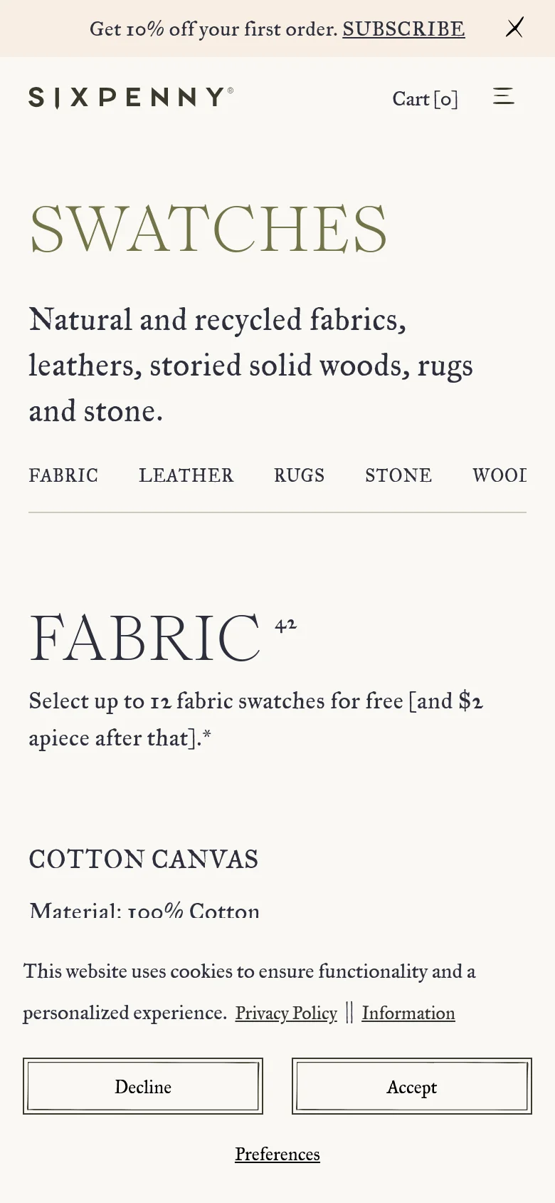 The mobile version simplifies the layout, centering the large 'SWATCHES' headline and the descriptive subheadline. The navigation menu is condensed, and the header features a hamburger menu icon alongside the 'Cart' link. The overall aesthetic remains clean with a cream and dark grey color palette.
