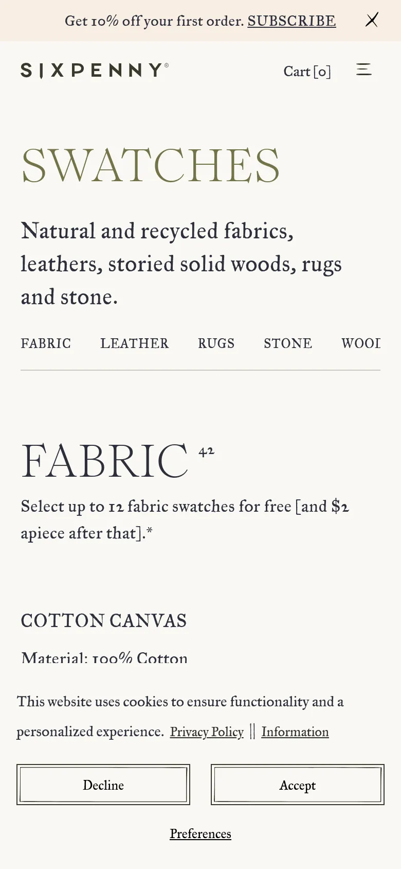 The mobile version simplifies the layout, centering the large 'SWATCHES' headline and the descriptive subheadline. The navigation menu is condensed, and the header features a hamburger menu icon alongside the 'Cart' link. The overall aesthetic remains clean with a cream and dark grey color palette.
