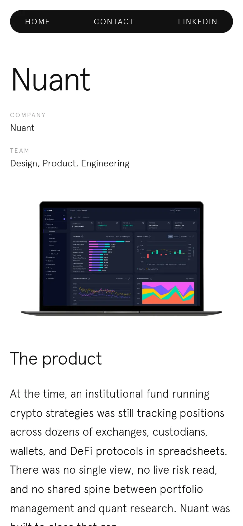 The mobile version of the Nuant case study features a simplified vertical layout with a dark navigation bar at the top containing Home, Contact, and LinkedIn links. The project title and details are stacked vertically above a scaled-down version of the dark-themed dashboard mockup.