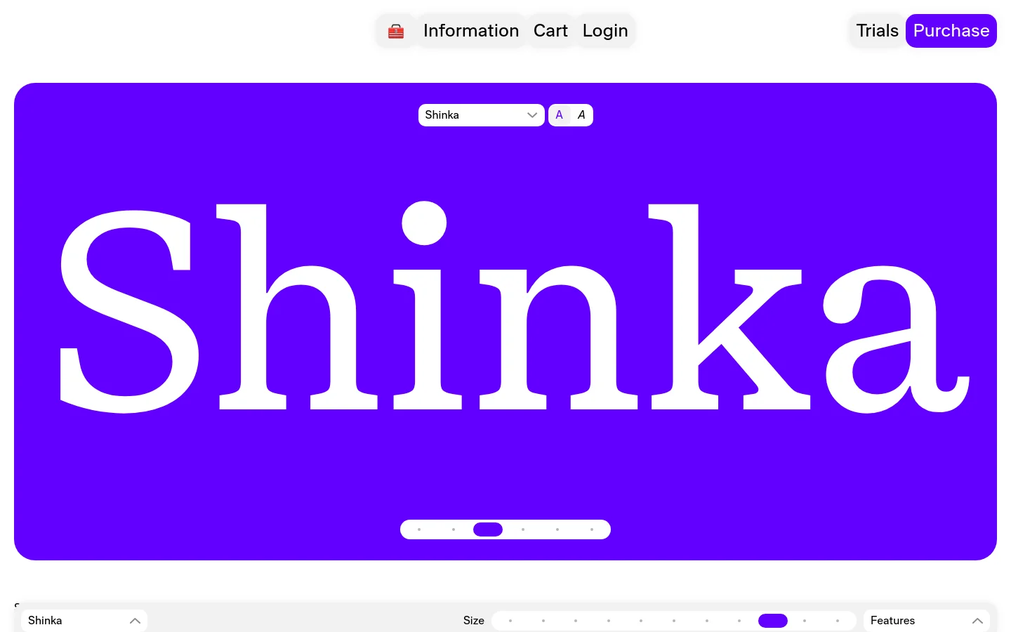 The desktop page features a vibrant purple hero section with the word 'Shinka' displayed in large white serif typography. Above the text are controls for typeface selection and font size, and below is a slider for weight adjustment. A white navigation bar at the top contains links for Information, Cart, Login, Trials, and a purple 'Purchase' button.