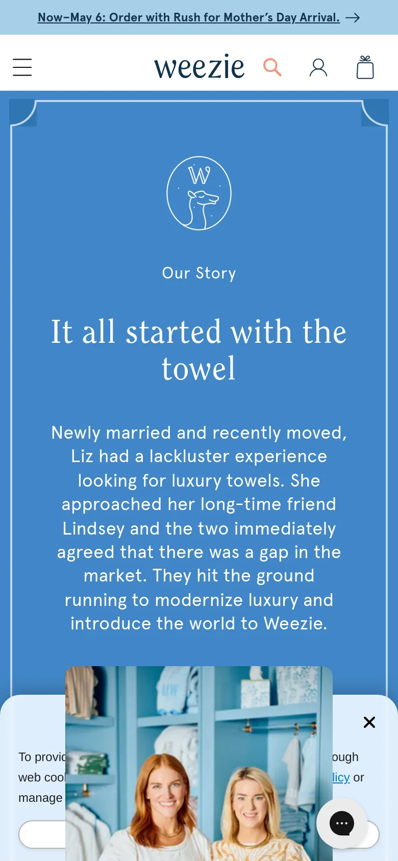 The mobile version presents a vertically stacked layout optimized for small screens, starting with a blue hero section containing the brand story and a central logo. The text is centered and scaled for readability, and the navigation is condensed into a hamburger menu icon. A small chat bubble icon is visible in the bottom right corner.