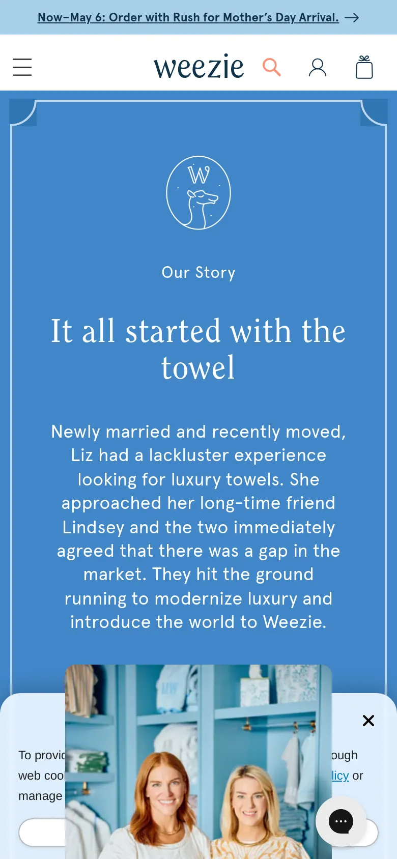 The mobile version presents a vertically stacked layout optimized for small screens, starting with a blue hero section containing the brand story and a central logo. The text is centered and scaled for readability, and the navigation is condensed into a hamburger menu icon. A small chat bubble icon is visible in the bottom right corner.