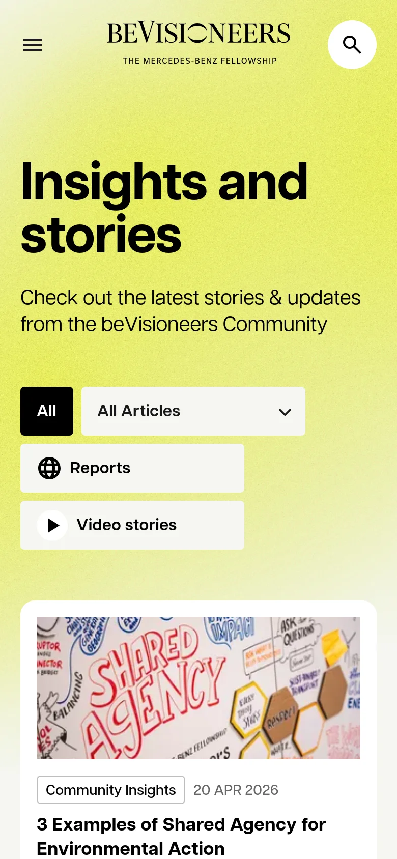 beVisioneers mobile insights page with a stacked layout. The lime yellow hero section features large typography and a simplified filter menu with dropdowns and buttons above vertically arranged content cards.