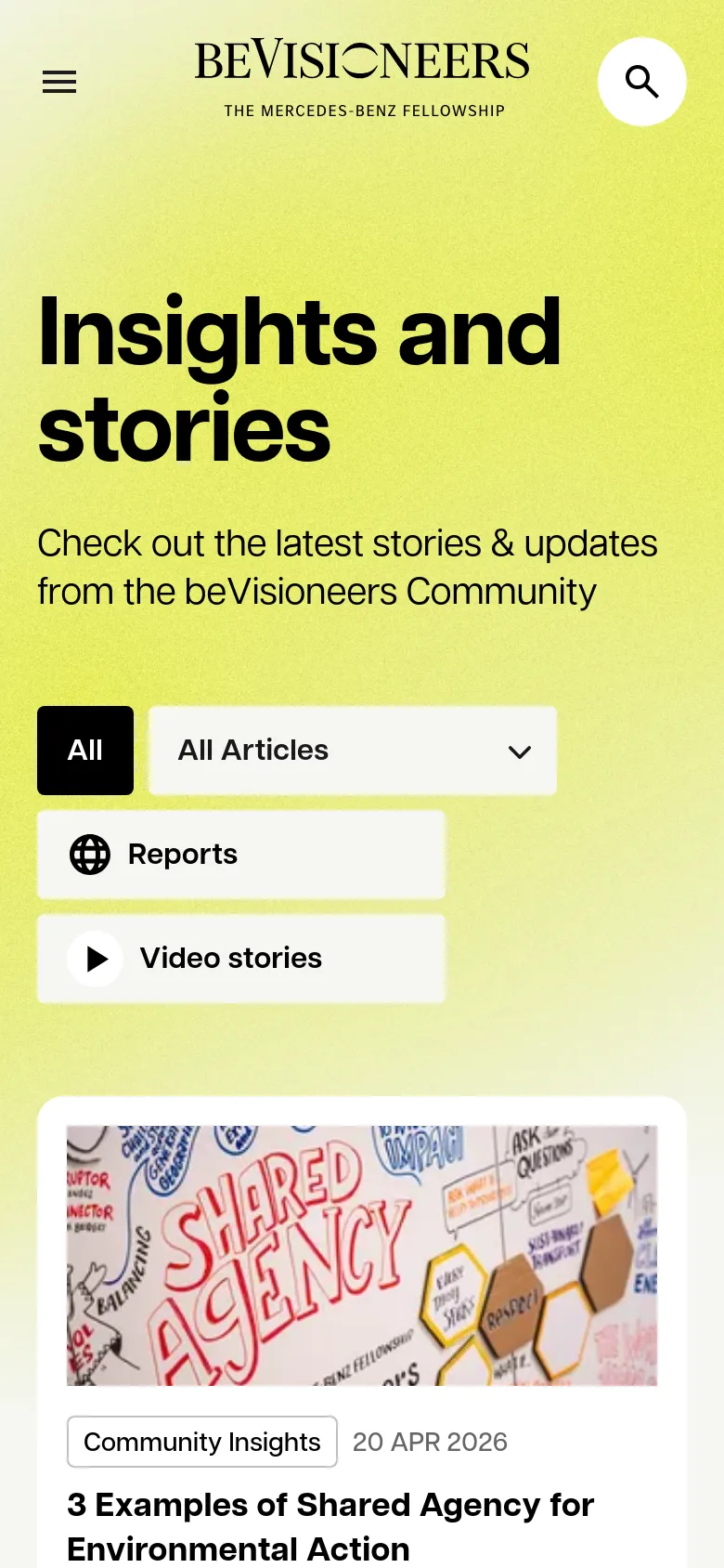 beVisioneers mobile insights page with a stacked layout. The lime yellow hero section features large typography and a simplified filter menu with dropdowns and buttons above vertically arranged content cards.