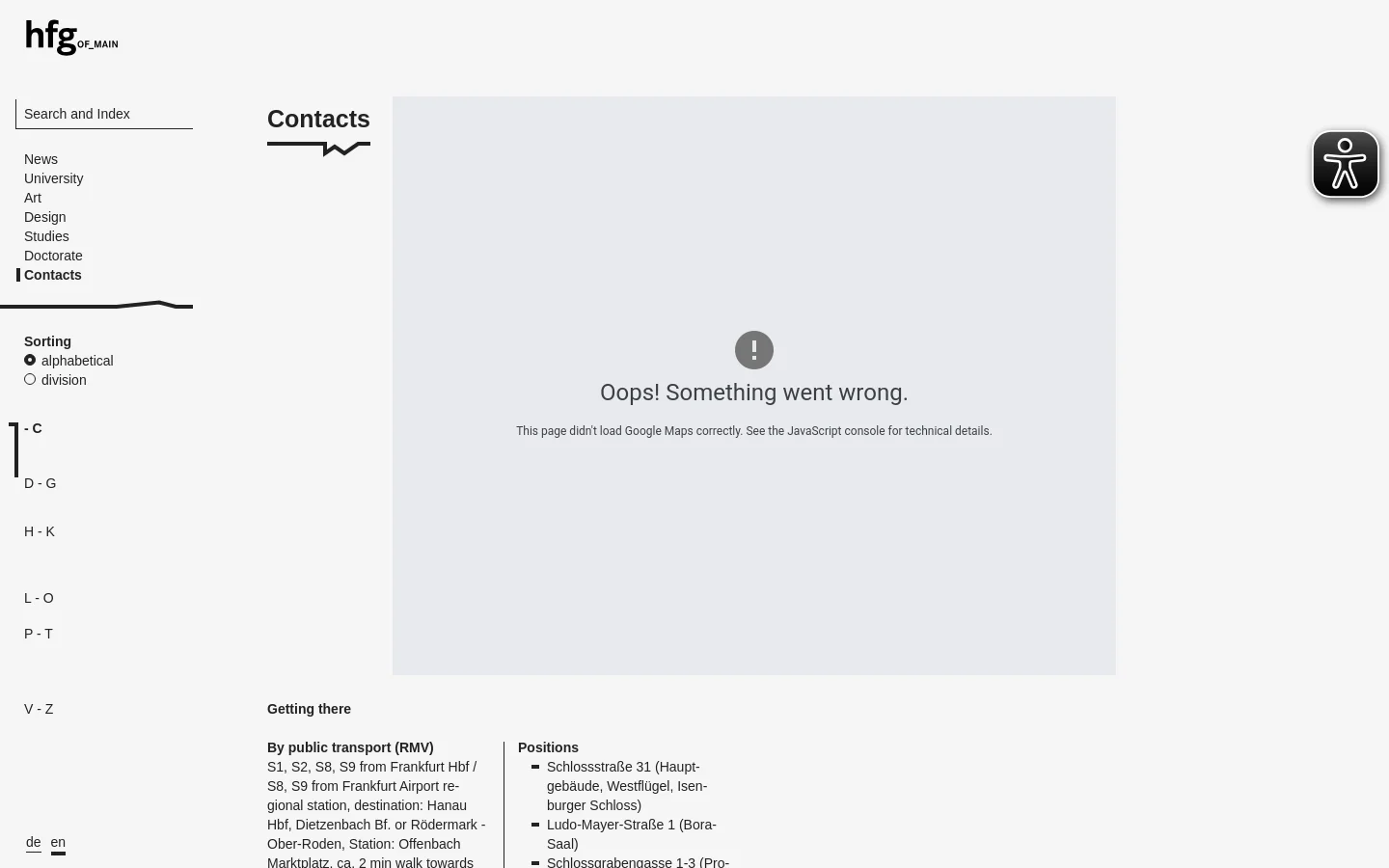The desktop page features a multi-column layout with a left-hand navigation sidebar containing search, site links, and sorting options. The main content area displays a large gray error box for a Google Map, followed by text sections for 'Getting there' and 'Positions' arranged in columns, and an alphabetical contact list below.
