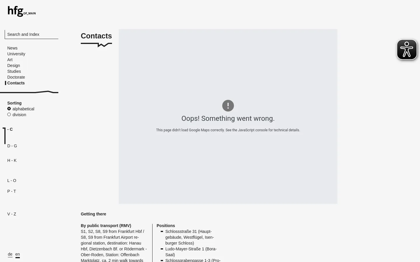 The desktop page features a multi-column layout with a left-hand navigation sidebar containing search, site links, and sorting options. The main content area displays a large gray error box for a Google Map, followed by text sections for 'Getting there' and 'Positions' arranged in columns, and an alphabetical contact list below.