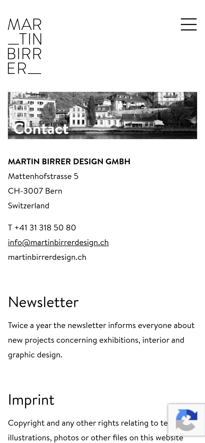 The mobile version simplifies the layout into a single vertical column. The black-and-white hero image remains at the top, followed by the contact details, then the newsletter section, and finally the imprint. The top navigation is replaced by a three-line hamburger menu icon, and the logo is prominently centered above the image.