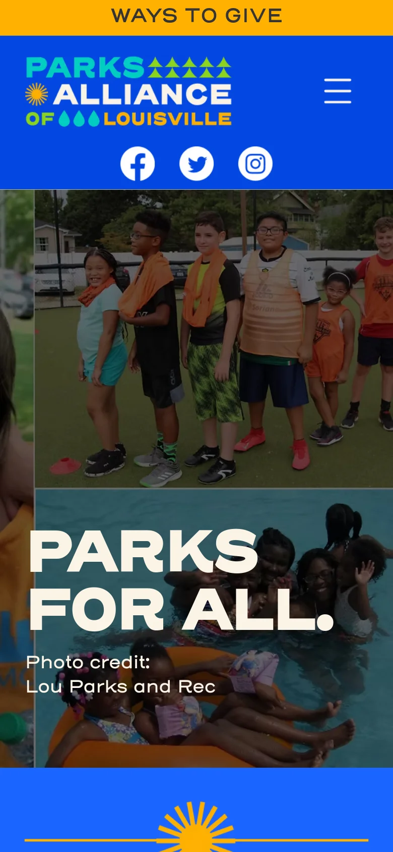 The mobile version presents a simplified layout with a blue header containing the logo, a hamburger menu icon, and social media icons centered below. The hero image of children playing remains prominent, with the large white 'PARKS FOR ALL.' headline and a yellow 'Ways to Give' call-to-action bar positioned below the main imagery.
