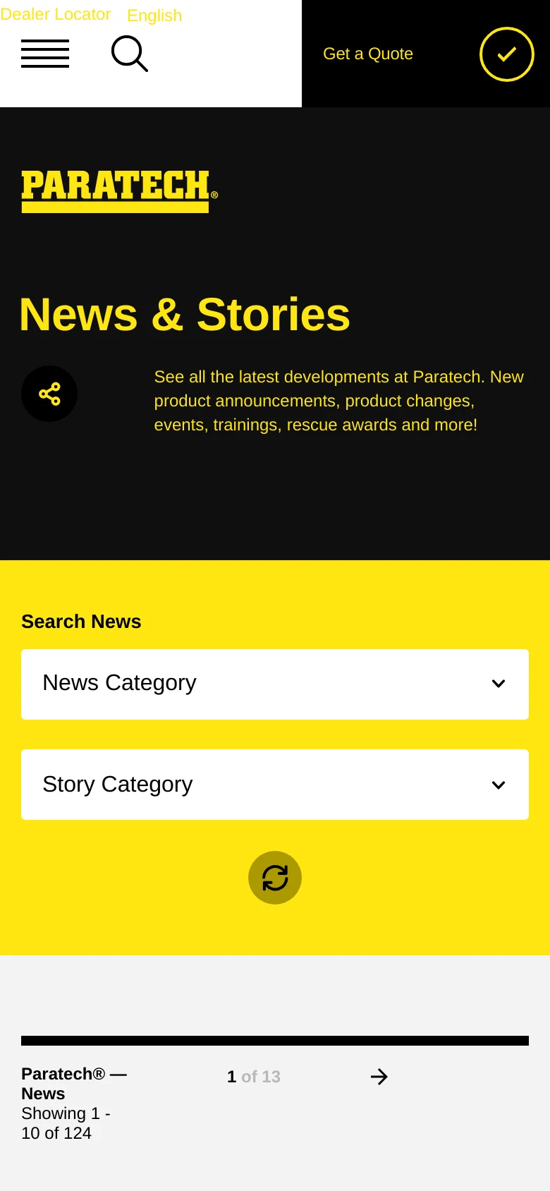 The mobile version simplifies the layout, stacking the 'News & Stories' headline and description vertically. The yellow search section maintains the dropdown menus but occupies more vertical screen space, and the navigation is condensed into a hamburger menu and search icon at the top.