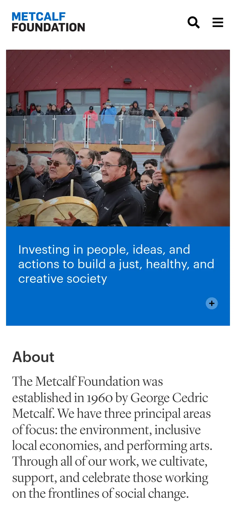 The mobile version presents a vertically stacked layout, starting with the Metcalf Foundation logo, a search icon, and a hamburger menu icon. The hero section features the same crowd imagery and blue headline banner, followed by an 'About' section with descriptive text on a white background.