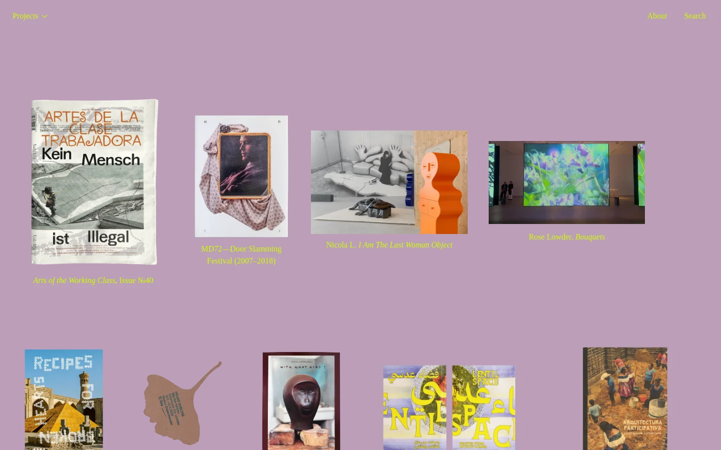 The desktop homepage features a minimalist layout with a light purple background and lime green text. A navigation menu at the top includes 'Projects', 'About', and 'Search', while the main body displays a masonry-style grid of various design project images, each accompanied by a title in lime green. The projects include book covers, photography, and art installations.