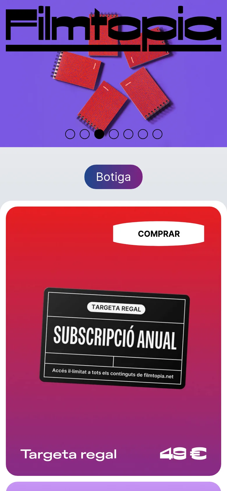 The mobile version presents a vertically stacked layout starting with a large 'Filmtopia' brand header and a hero image slider. A prominent purple 'Botiga' button sits above a large, colorful promotional card for a gift card. The navigation is condensed into a simplified top bar with a menu button and shopping cart icon.