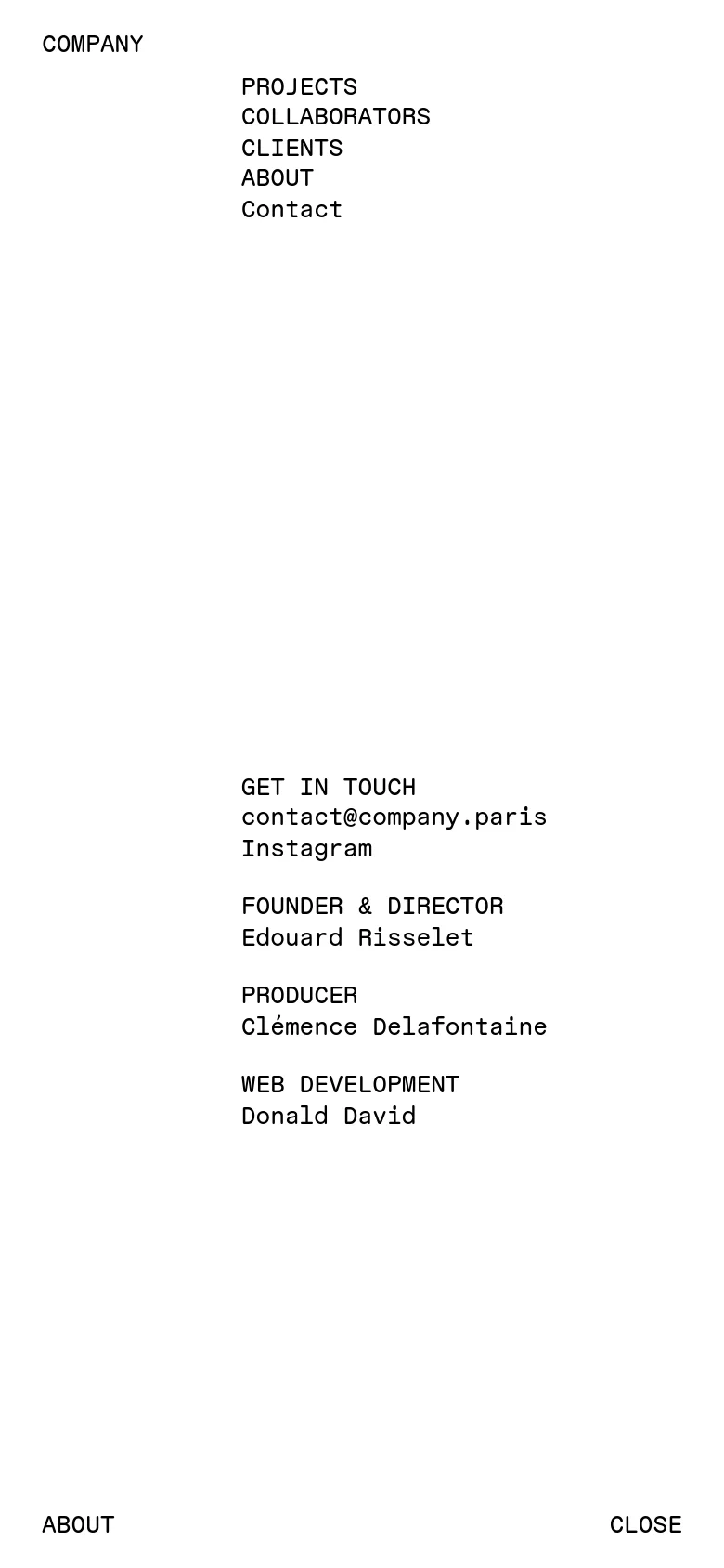 The mobile version maintains the minimalist white and black aesthetic but uses a more vertically stacked layout. The navigation links are positioned at the top, followed by the contact details and team roles centered or left-aligned in a single column for easier scrolling.