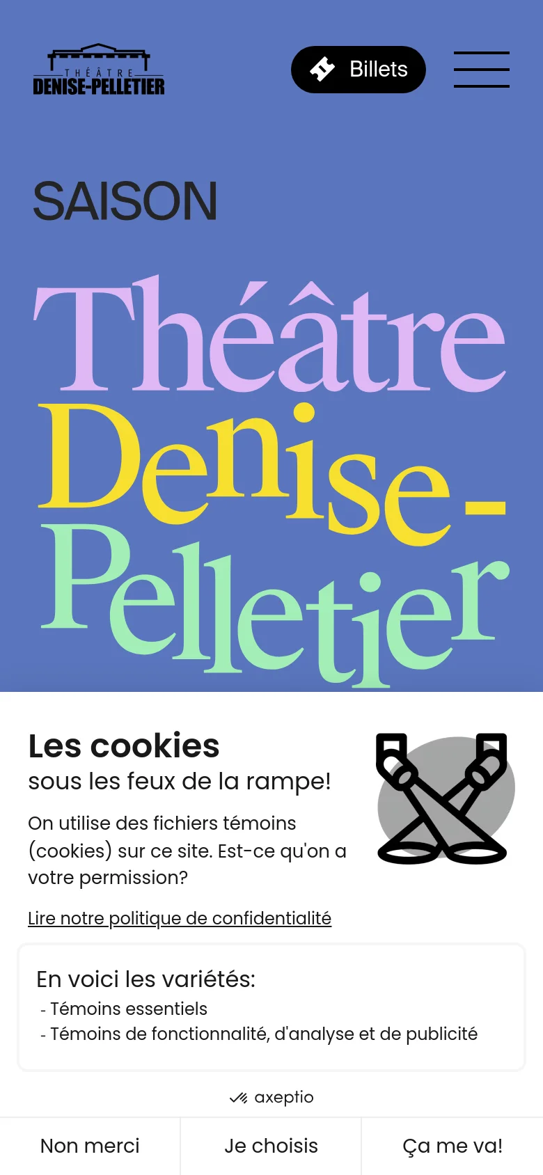 The mobile version presents a vertically stacked layout where the large, colorful 'SAISON Théâtre Denise-Pelletier' text dominates the upper half of the screen. The header is simplified with the theater logo, a 'Billets' button, and a hamburger menu icon. A cookie consent overlay is prominently visible at the bottom of the viewport.