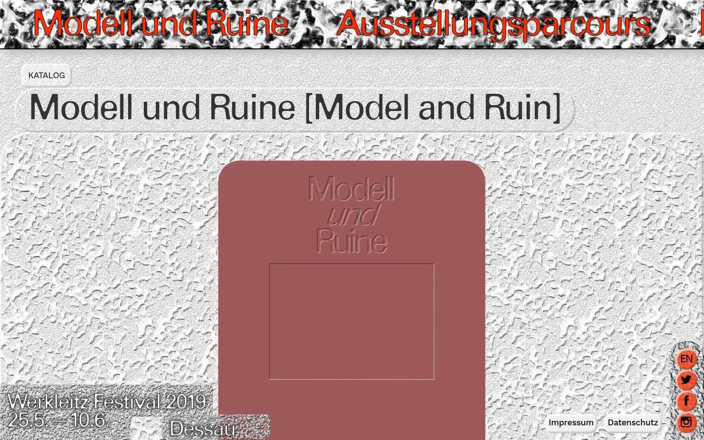 The desktop page features a textured, white stucco-like background with a large, centered reddish-brown rectangular graphic containing the embossed text 'Modell und Ruine'. A prominent headline reads 'Modell und Ruine [Model and Ruin]' in a dark sans-serif font, and the layout includes navigation links like 'Katalog' and social media icons on the right edge.