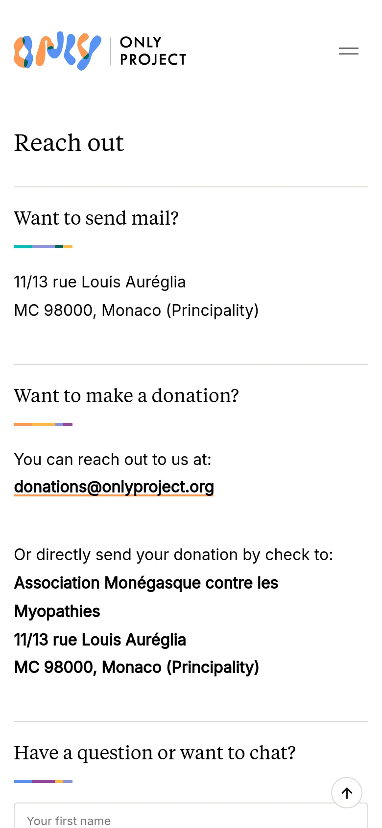 The mobile version presents a vertically stacked layout with a simplified header containing the logo and a hamburger menu icon. The contact information and donation details are displayed in a single column, making the text and email link easy to read on a smaller screen, while the colorful accent bars under headings remain consistent with the desktop design.