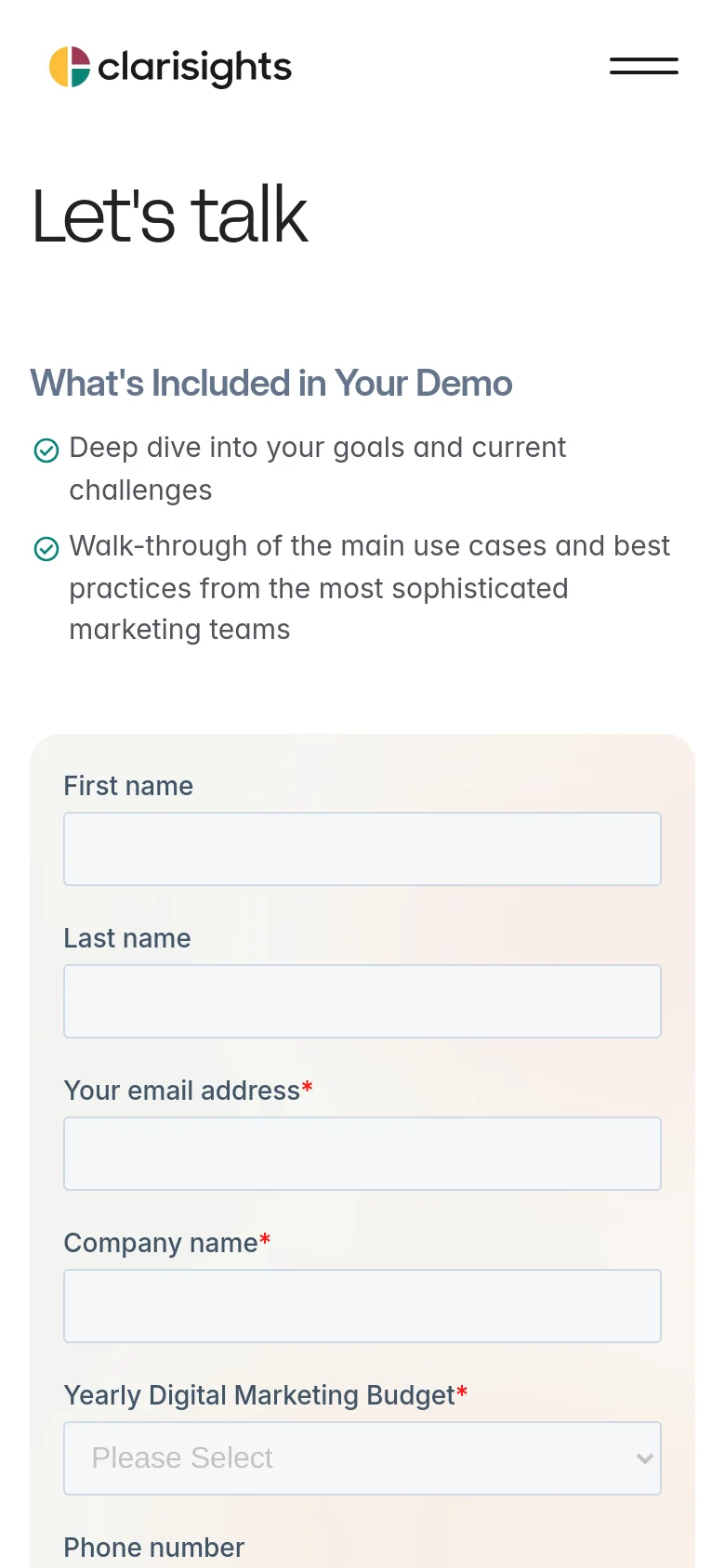 The mobile version simplifies the layout into a single vertical column. The navigation is condensed into a hamburger menu, and the hero text 'Let's talk' is followed by the demo benefits and the contact form, which now spans the full width of the screen for easier input.