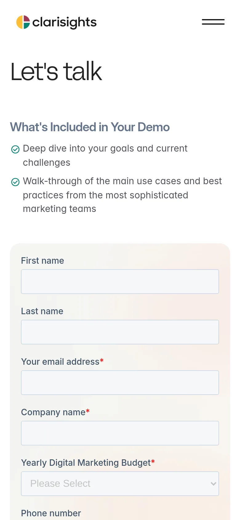 The mobile version simplifies the layout into a single vertical column. The navigation is condensed into a hamburger menu, and the hero text 'Let's talk' is followed by the demo benefits and the contact form, which now spans the full width of the screen for easier input.