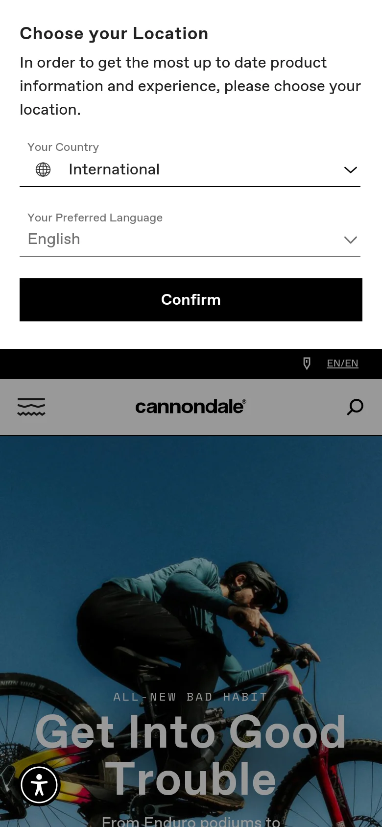 The mobile version presents a vertically stacked layout, starting with a location selection overlay at the top. The hero section features the same 'Bad Habit' mountain bike imagery and headline but scaled for a narrow screen, followed by a simplified header with a hamburger menu, the Cannondale logo, and a search icon.
