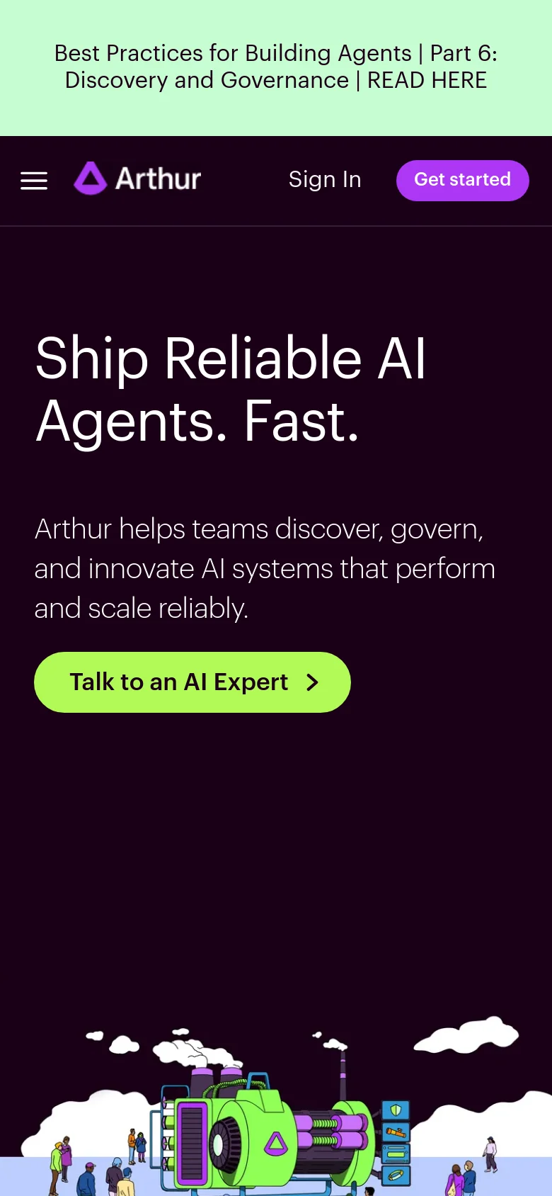 The mobile version presents a simplified layout with a hamburger menu icon and the Arthur logo at the top. The hero section features the same headline, subheadline, and lime green 'Talk to an AI Expert' button, but the content is vertically stacked to fit the narrow screen. The large colorful machine illustration is positioned below the primary call to action.