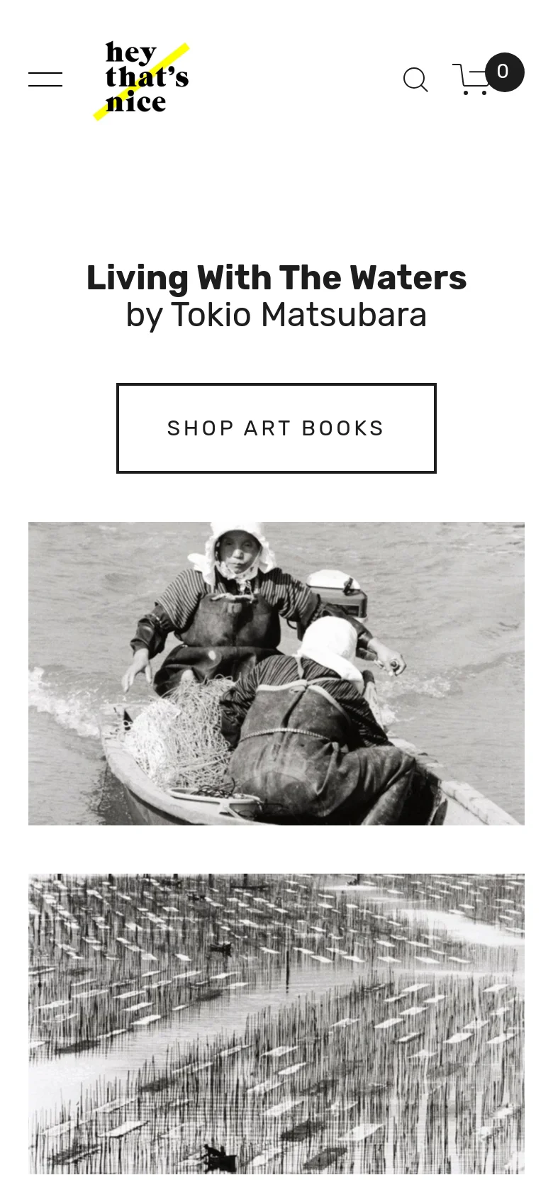 The mobile version presents a simplified vertical layout with a centered logo and a hamburger menu icon on the left. The hero section features the same headline and 'Shop Art Books' button, but the large black and white photographs are stacked vertically instead of side-by-side. A search icon and a shopping cart icon with a '0' notification are visible at the top right.