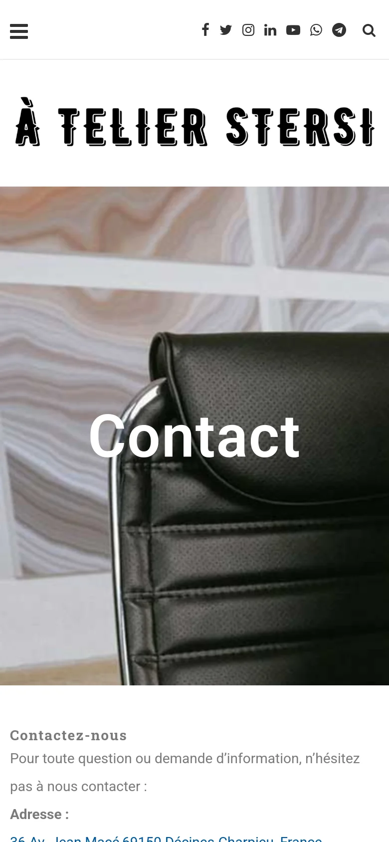 The mobile version presents a simplified layout with a hamburger menu icon and social media links at the top. The large 'Contact' hero image remains prominent, followed by a vertically stacked layout where the contact details and message form appear sequentially below the image.