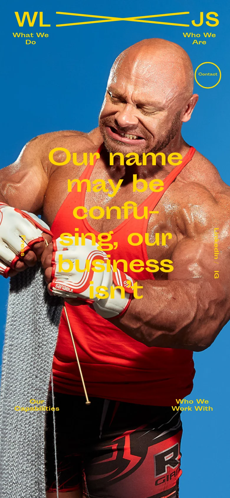 The mobile version maintains the blue background and central hero image of the muscular man with the yellow headline, but the layout is vertically stacked. The text is more tightly packed, and navigation links are repositioned to fit the narrow screen, ensuring the headline remains the focal point.
