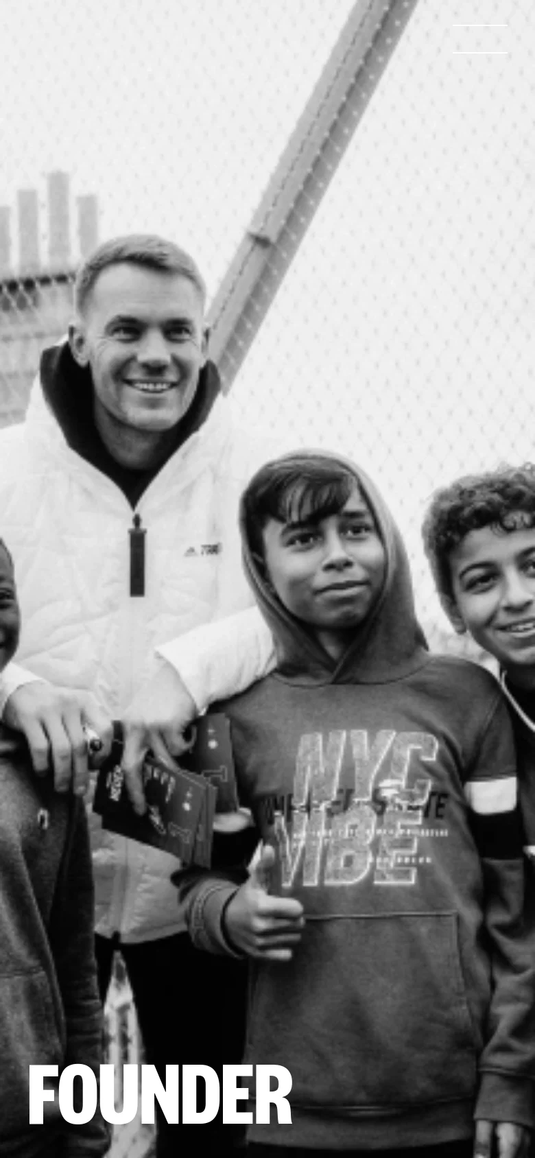 The mobile version displays a vertically cropped version of the black and white hero image, focusing on the faces of Manuel Neuer and the children. The large white 'FOUNDER' text remains at the bottom, while the content below is rearranged into a single-column vertical scroll for easier reading on a small screen.