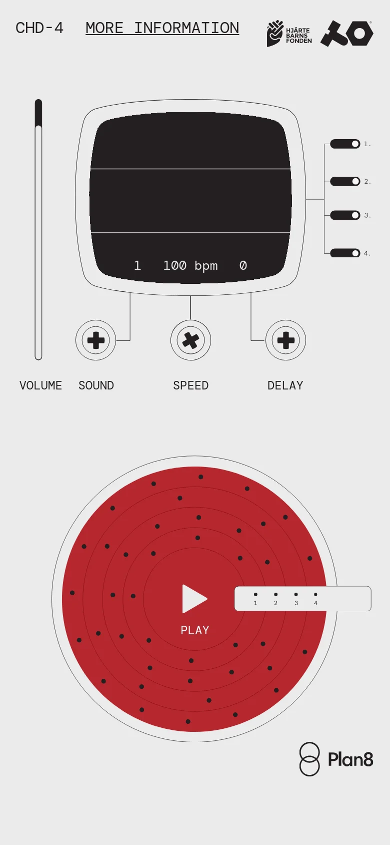 The mobile version presents a vertically stacked layout on a light gray background. The black synthesizer interface appears first at the top, followed by the large red circular drum machine interface below it, with all branding and control labels rearranged for a single-column scroll.