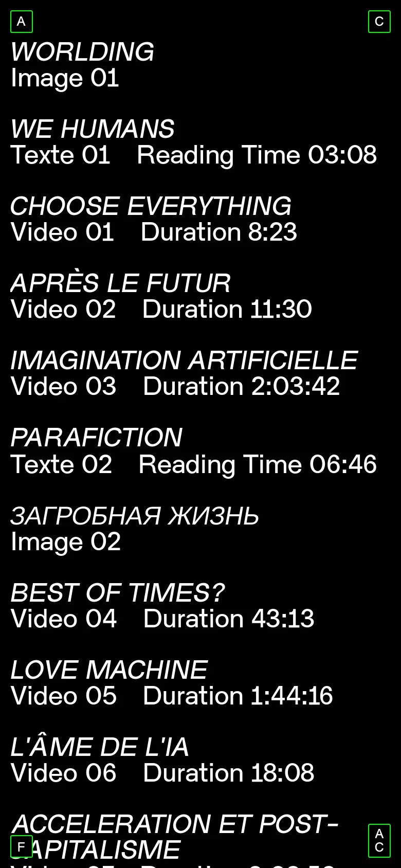 The mobile version maintains the minimalist black and white aesthetic but presents the content in a single-column vertical list. The project titles and metadata are stacked, and the navigation elements are condensed to fit the narrower screen width.